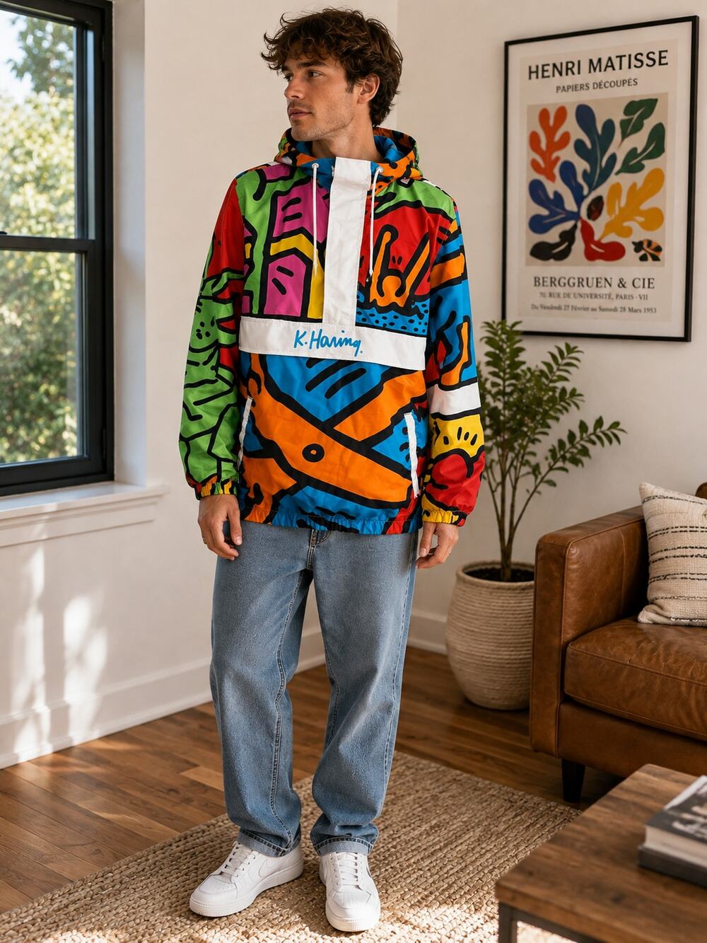 Members Only x Keith Haring Windbreaker Hoodie Jacket 1/2 Zip Men's Large